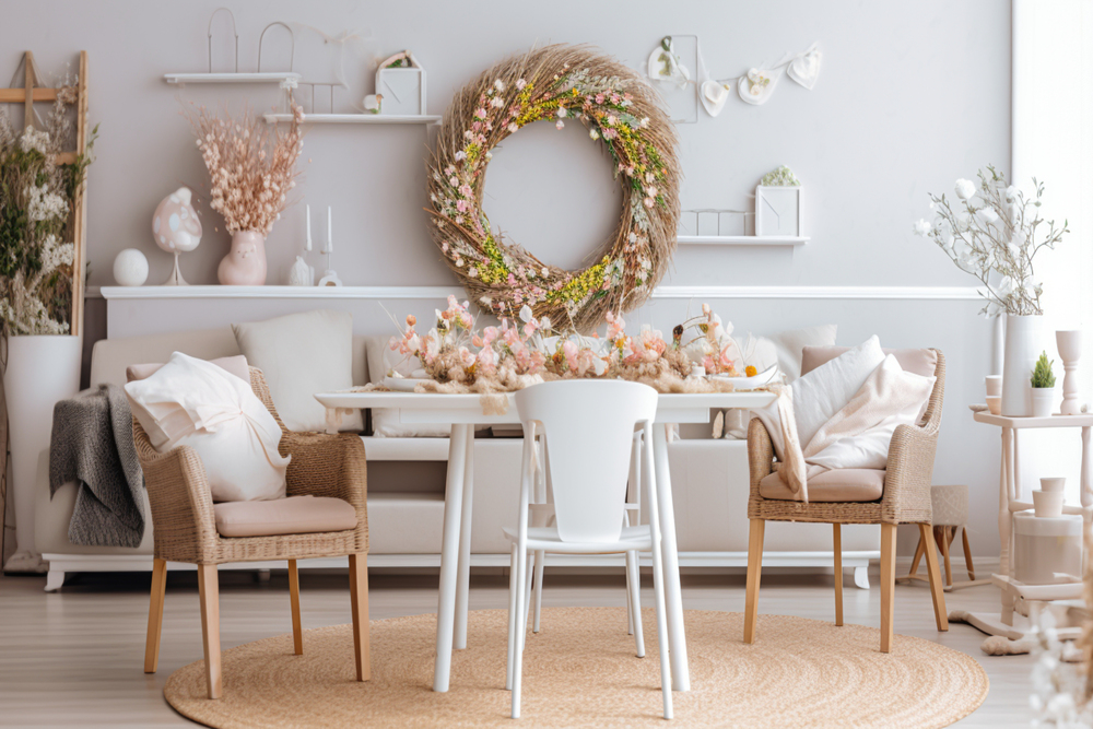 Espacio de comedor estilo cottage que combina muebles de mimbre, una mesa blanca y detalles florales. La paleta de colores neutros y los materiales naturales crean un ambiente acogedor y sereno, reflejando el encanto y la sencillez de la vida en el campo.